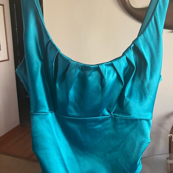 $140 Suzi Chin for Maggy Boutique teal cocktail dress with ruching. Sz 8 or 10 - Picture 7 of 12
